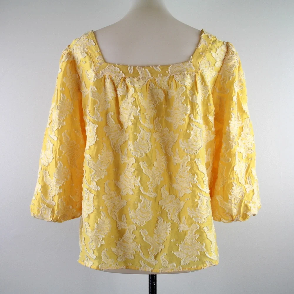 Anthropologie Yvonne Yellow Square Neck Dimensional Textured Button Front Top S